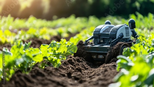 Robotic machinery cultivates crops in a sustainable farming ecosystem using automation and AI technology