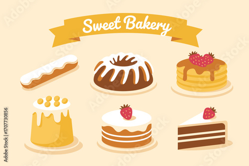 Delicious Bakery Desserts Vector Illustration Cakes, Pastries, and Sweet Treats for Your Creative Designs
