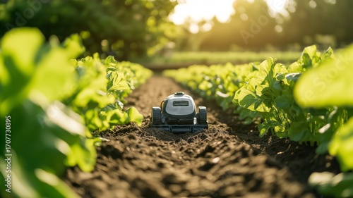 Exploring autonomous farming technology in a lush green field during sunset