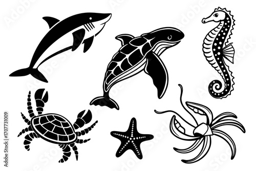 Collection of Stylized Black and White Sea Creatures.
