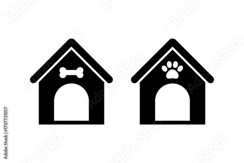 Minimalist Dog House Vector Icons with Bone and Paw Print Symbols, Perfect for Pet Care Branding, Animal Shelter Websites, and Graphic Design Projects.