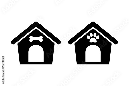 Clean Vector Illustration of Two Dog House Silhouettes, Each Adorned with Unique Pet Emblems Like a Bone and Paw Print, Ideal for Pet-Themed Graphics