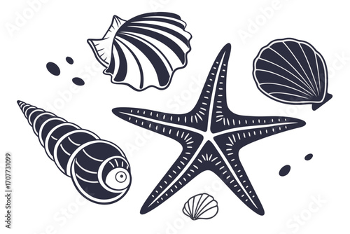 Collection of Stylized Seashells and Starfish.