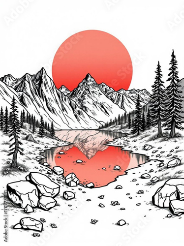 Minimilist illustration of a mountain landscape with a lake reflecting the mountains and a large red sun setting vector
