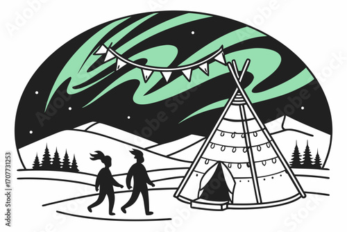 Couple walking towards teepee under aurora borealis.