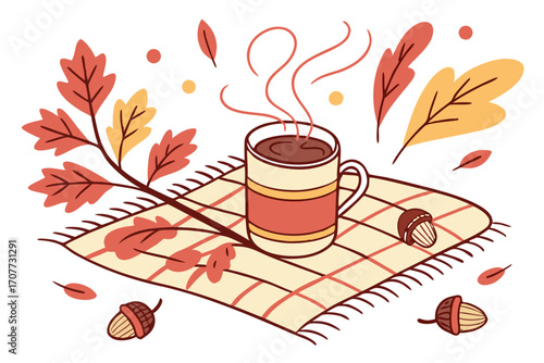 Cozy Autumn Mug with Falling Leaves and Acorns.