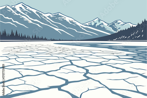 Cracked Ice Lake Reflecting SnowCapped Mountains.