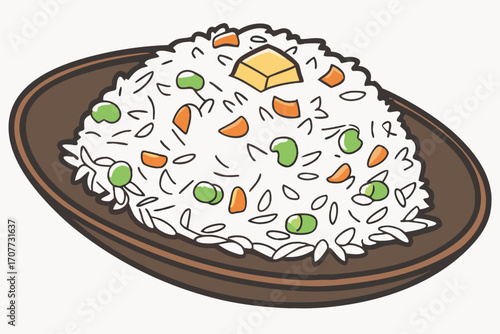 Cute Cartoon Fried Rice Dish with Peas and Carrots.