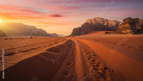 Desert sunset and sunrise with sand dunes and a road