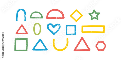 Colorful Assortment of Playful Hand-Drawn Geometric and Abstract Shapes with a Distinctive Crayon Line Texture for Creative Projects and Educational Content