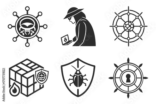 Cybersecurity Icons Set Hacker Virus Shield Data.