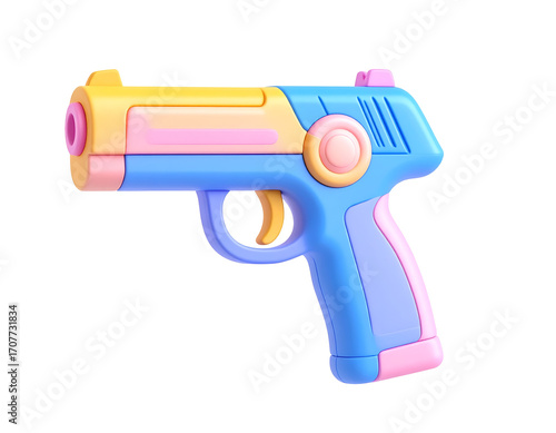 Playful 3D Rendered Toy Water Pistol with Bright Blue, Yellow, and Pink Pastel Colors on Black Background