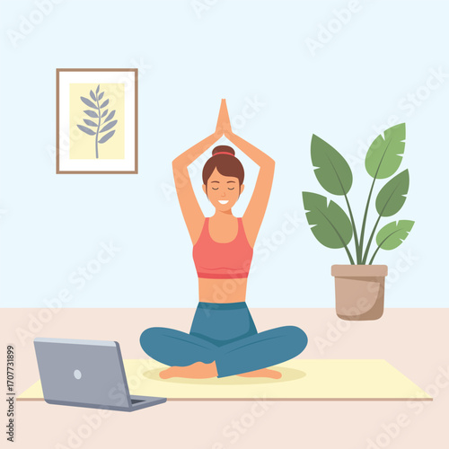 Woman practicing yoga at home with laptop. Online yoga concept. Vector illustration 