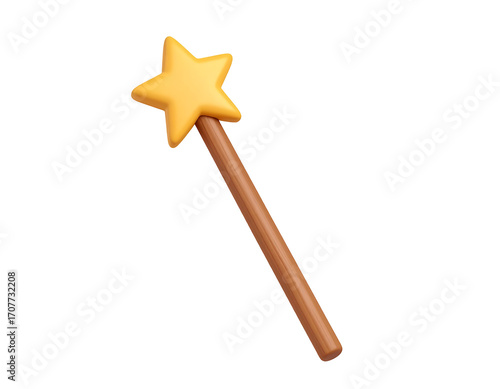 Whimsical 3D Magic Wand Icon with Yellow Star and Wooden Handle