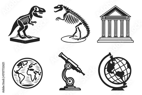 Dinosaur Skeleton Globe Microscope and Museum Icons.
