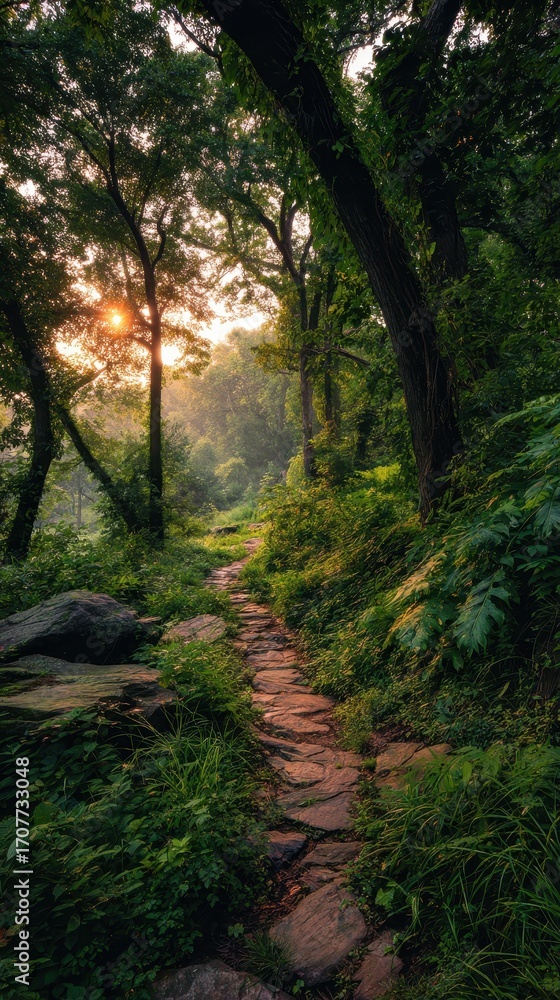 Obraz premium Winding Path Through Lush Green Forest at Sunrise