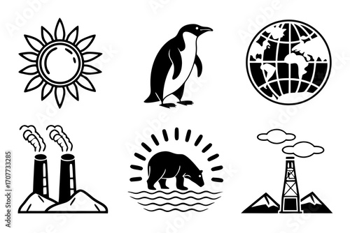 Environmental Icons Sun Penguin Globe Factory Polar Bear Oil Rig.