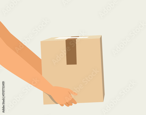 A cartoon illustration of courier hands holding a cardboard box with copy space, symbolizing fast delivery, shipping and e-commerce logistics