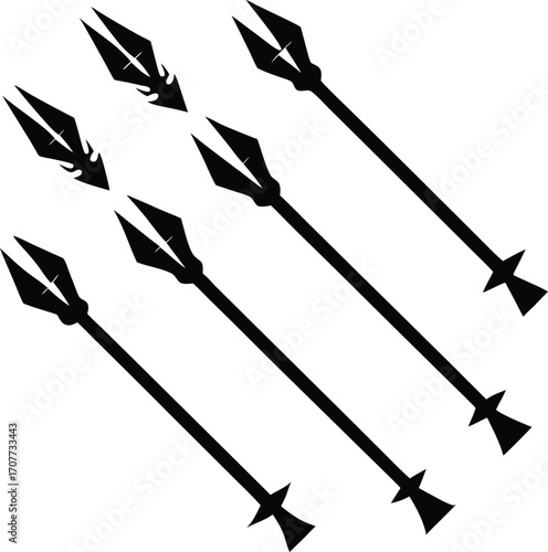 Black Vector Spear Icons Set, Geometric Weapon Design, Isolated
