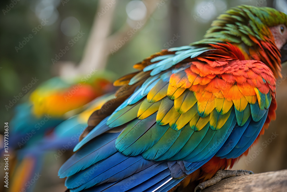Fototapeta premium Close up of parrot feathers showing vibrant colors, exotic wildlife detail, tropical bird charm, colorful texture beauty, nature design