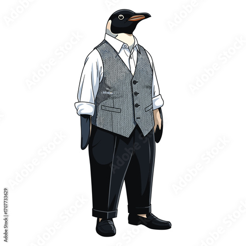 Vector Illustration of Anthropomorphic Penguin in Formal Attire in Modern Minimalist Style with Monochrome Black White Gray Colors