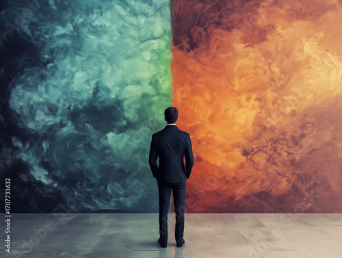 Businessman with a black suit standing in front of a choice problem concept as a blue and a red contrast wall of contradiction or conflict concept