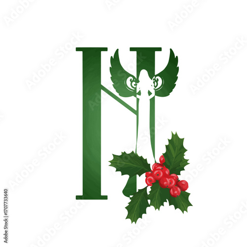 Christmas angel family monogram. Letter N on white background