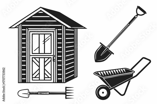 Garden Shed and Tools Icon Set.