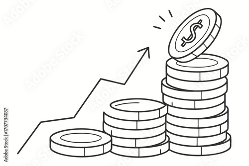Growing Stack of Coins with Upward Trend Arrow.