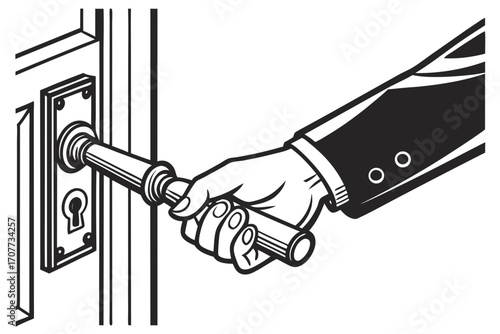 Hand opening a door with a doorknob.