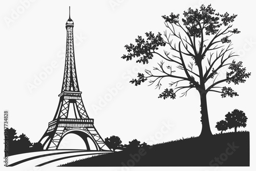 Iconic Eiffel Tower Silhouette with Tree and Landscape.