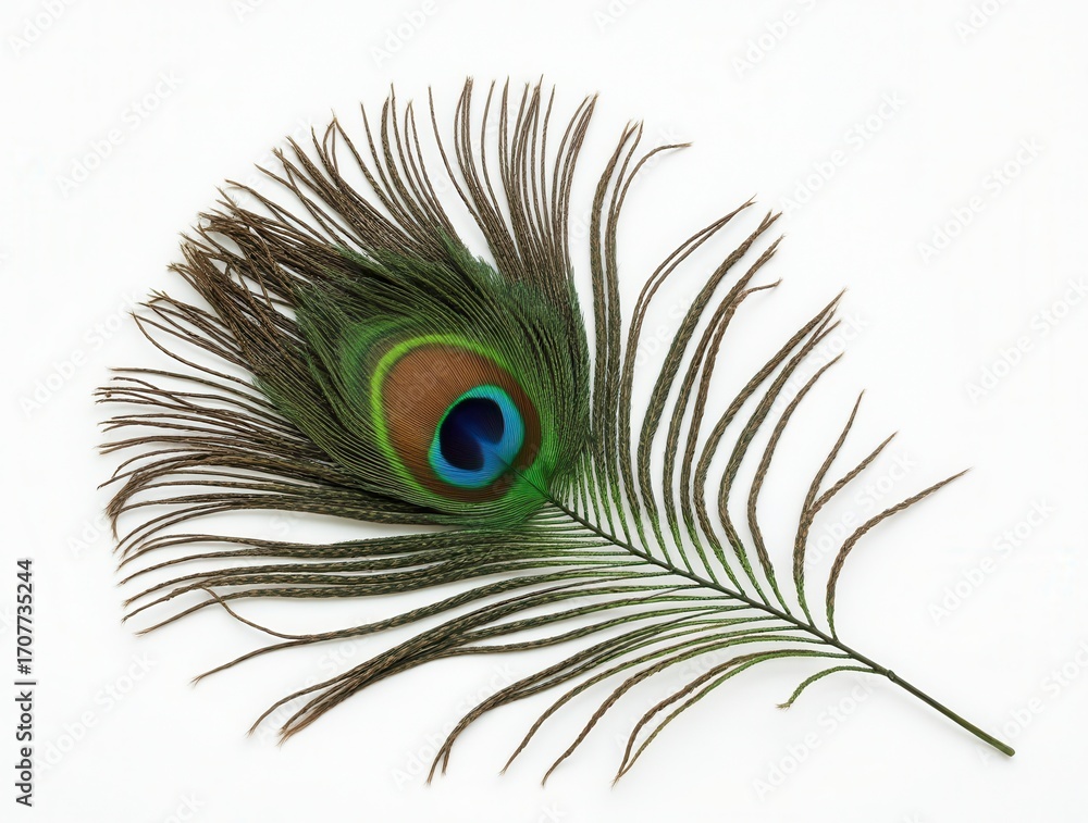 Obraz premium Vibrant peacock feather lying on white background