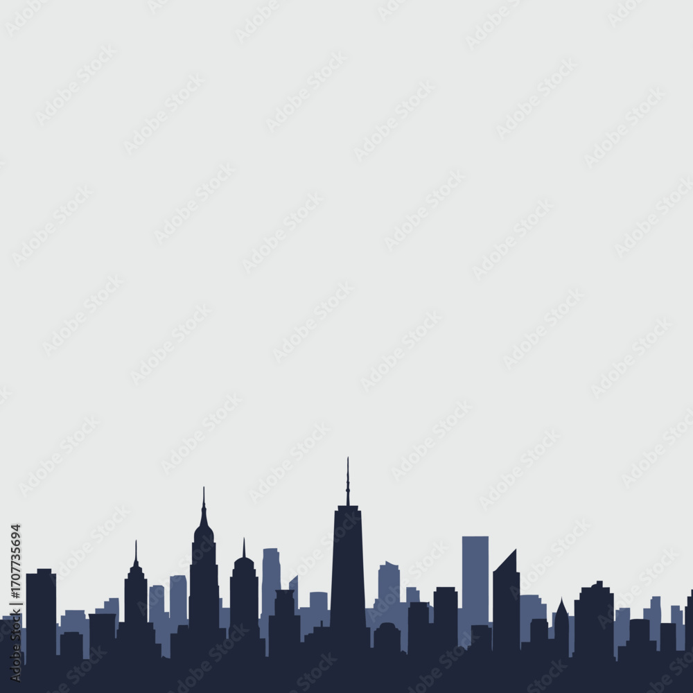 Fototapeta premium Urban Skyline Silhouette at Dusk, Cityscape Artwork, Modern Architecture, Illustrative Design, Open View, Contemporary Aesthetic