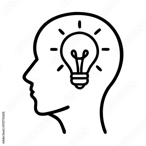 Mental health head in profile with light bulb burning inside icon transparent background