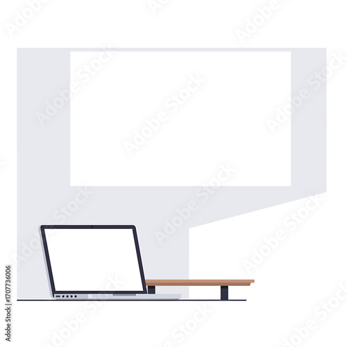 A laptop displaying a blank screen projects onto a white rectangle, suggesting a presentation or display.