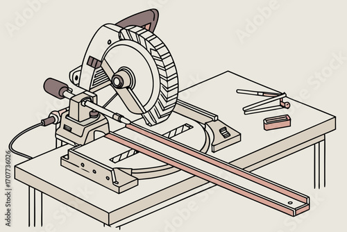 Miter Saw and Woodworking Tools on Table.