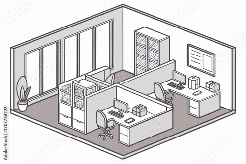 Modern Isometric Office Cubicle Layout Design.