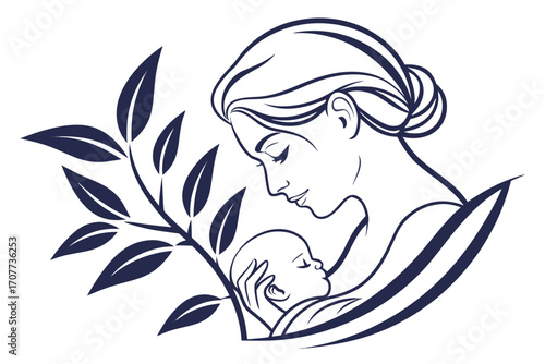 Mother Holding Baby with Leaves Symbolizing Growth.