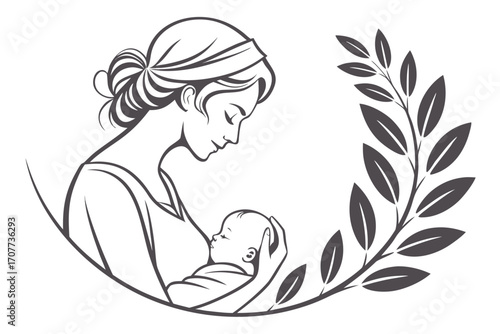 Mother Holding Newborn Baby with Laurel Wreath.