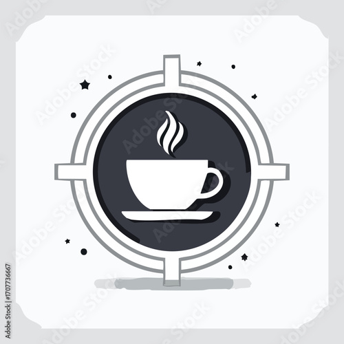 White coffee cup with steam on a saucer inside a dark gray circle with a crosshair design and black dots.