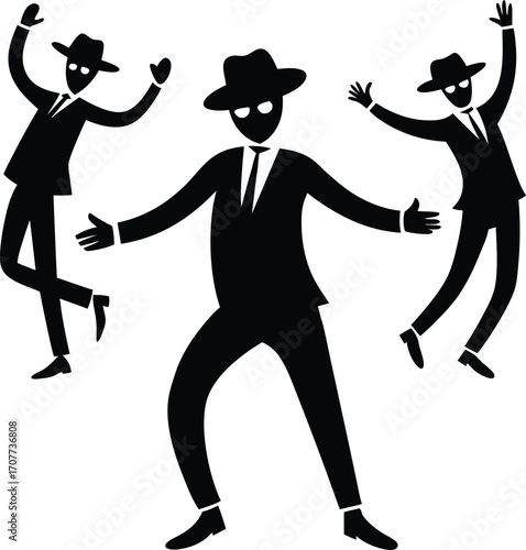 Dancing Silhouettes: Men in Suits, Jazz Style, Black and White Art