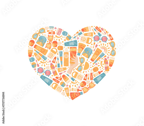 Flat heart sticker with sunscreen, spf, sun, cream, lotion bottle, tube and spray concept. Collage of summer care and product in banner design for cosmetic packaging, isolated composition.