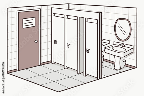 Public Restroom Interior with Stalls and Sink.