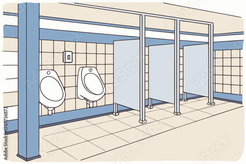 Public Restroom Urinals and Stalls Illustration.