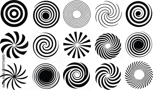 Set of Spiral Icon Vectors Featuring Volute Designs and Hypnotic Symbols. Collection of Abstract Spiral Logos and Illustrations for Branding, Decoration, or Digital Graphic Design