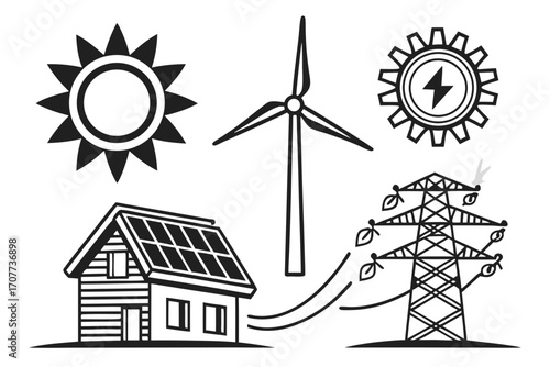 Renewable Energy Sources and Power Grid Icons.