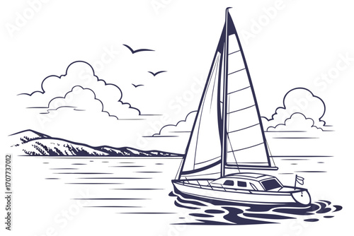 Sailboat gliding on calm waters under cloudy skies.