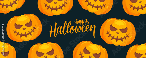 Happy Halloween festive banner. Hand lettering greetings and scary pumpkins. Vector illustration.	