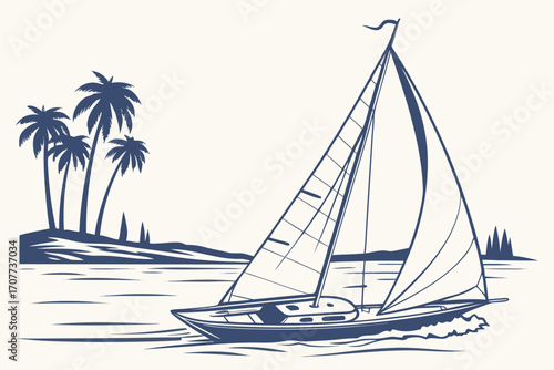 Sailboat Sailing Past Tropical Palm Trees.