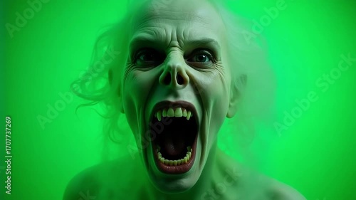 Terrified ghoul screams in green light, sharp fangs bared in a horrifying display.